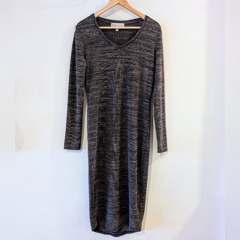 Philosophy Bodycon Long Sleeve Space Dye Dress Gray Black M Athleisure Midi